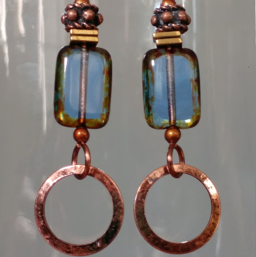 Copper Hoop and Brass Blue Glass Boho Earrings